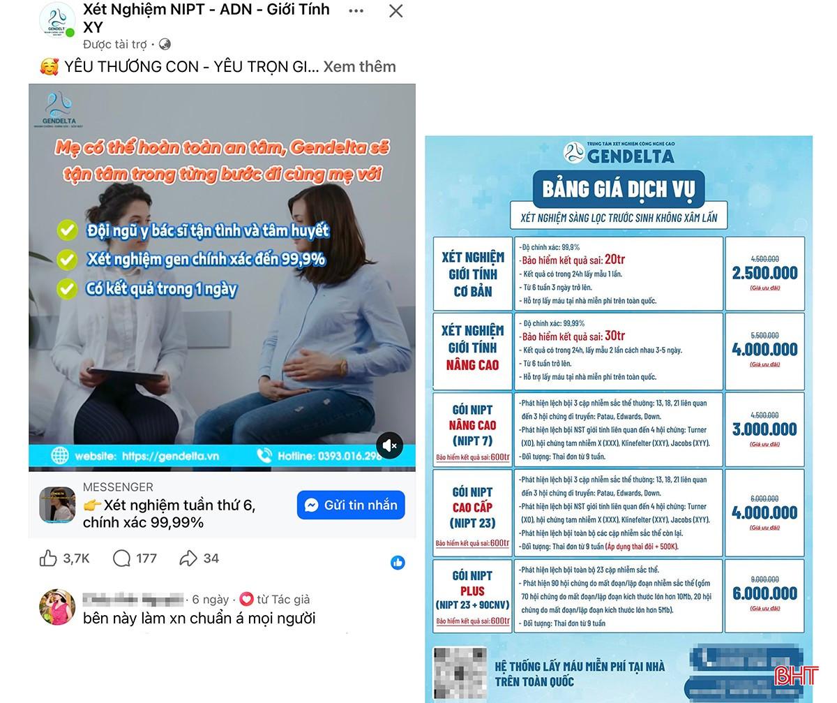Trên mạng xã hội, các bài viết quảng cáo xét nghiệm giới tính thai nhi được quảng cáo tràn lan. bqbht_br_tren-mang-xa-hoi-cac-bai-viet-quang-cao-xet-nghiem-gioi-tinh-thai-nhi-duoc-quang-cao-tran-lan.jpg